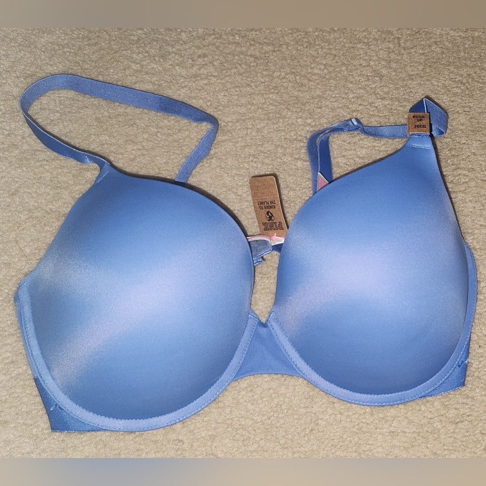 NEW VICTORIA'S SECRET PINK 36DD BLUE WITH BRIGHT PINK LINING GORGEOUS RARE